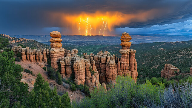 Dramatic Lightning Strikes Behind Eroded Rock Formations in a Mo - Powered by Adobe