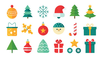 Festive Christmas and Holiday Icon Set with Trees Ornaments and Gifts