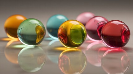 Colorful translucent spheres on light gray surface