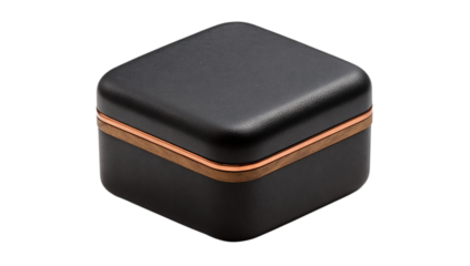 A close up of a closed black box with a copper accent on a isolated on transparent background