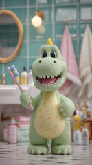 Obraz premium Friendly green dinosaur holding toothbrush in bathroom