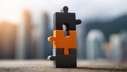 Two puzzle pieces, orange and black, aligned