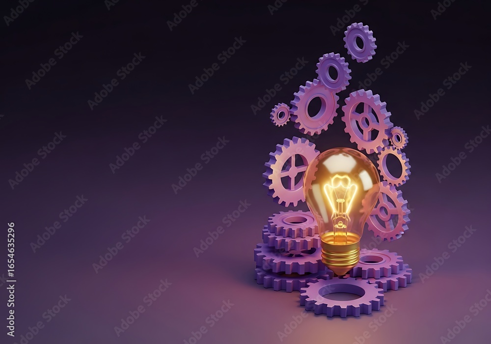 Poster illuminated light bulb idea concept with rotating gears and mechanical elements creating innovation 