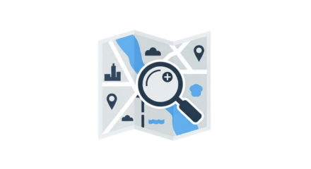 Map with Magnifying Glass Icon guide white shape plus travel exploration marker focus design concept plan blue glass