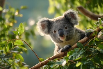 Gray koala in sunlight on tree branch.