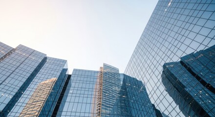 Fototapeta premium Stunning Facade of Modern Skyscrapers with Glass Reflection Under Clear Sky at Dusk in Urban Environment Portraying Contemporary Architecture