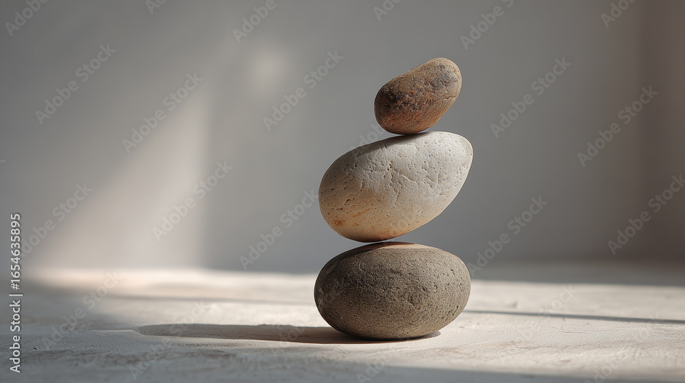 Poster a stack of three smooth stones balanced on top of each other in soft light