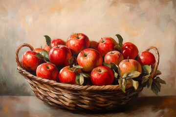 Ripe red apples in a basket, watercolor drawing. Organic food concept.