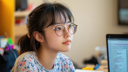 Young Asian woman in glasses coding Python script for data analysis on laptop with stylus and notebook nearby. Data scientist