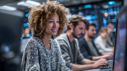A female IT programmer is working on her desktop computer in a data center system control room, surrounded by a team of young professionals who are doing code programming
