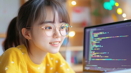 Young asian woman in glasses coding on a laptop with python script for data analysis. Data scientist