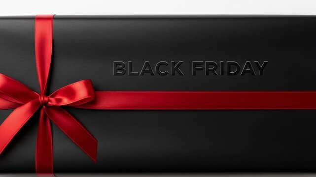BLACK FRIDAY text on an elegant black gift box with a red ribbon bow. Holiday shopping sale and promotion concept on a white background.