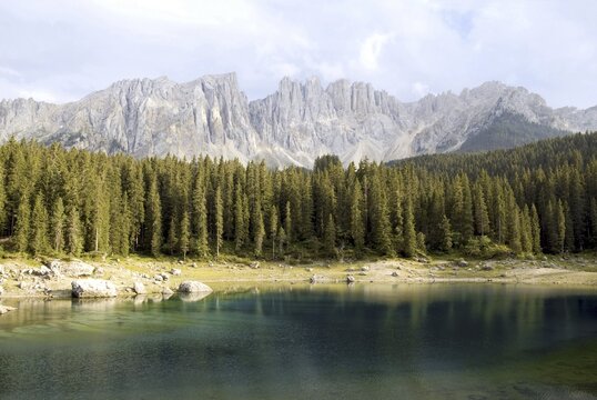 Latemar mountain range with Karer Lake, South Tyrol, Italy