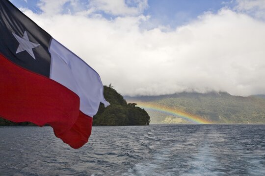 Chilean flag and rainbow, Lago Todos los Santos (All Saints' Lake), Vicente P&eacute;rez Rosales National Park, Regi&oacute;n de los Lagos (Lake Region), Chile