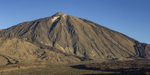 Panorama during the ascent to Alto de Guajara, 2715m, over the Teide National Park, Parque Nacional del Teide, to Pico del Teide, 3715m, at sunrise, Tenerife, Canary Islands, Spain