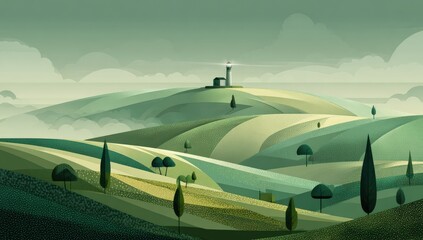 Fototapeta premium Misty hill landscape with lighthouse