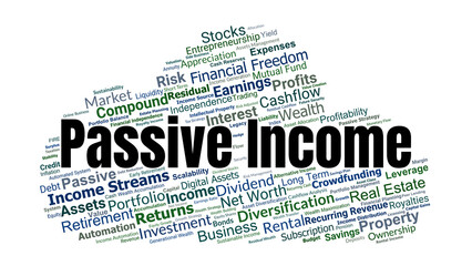 Passive Income Word Cloud. Key Concepts On Wealth, Investments, Dividends, Property, Cashflow, Financial Freedom, And Long Term Economic Stability.