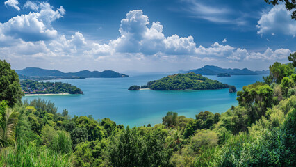 Beautiful tropical coast with blue sea, sandy beach, and lush green mountains in sunny weather.