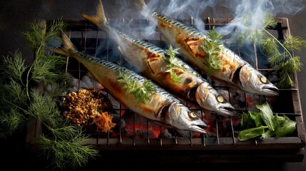 Grilled Japanese Fish on Charcoal with Herbs and Vegetables