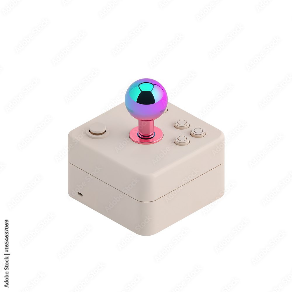 Poster isometric view of a minimalist game controller with iridescent joystick and soft lighting,