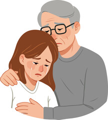 Elderly man comforting a crying young woman with his arm around her shoulder sadness grief
