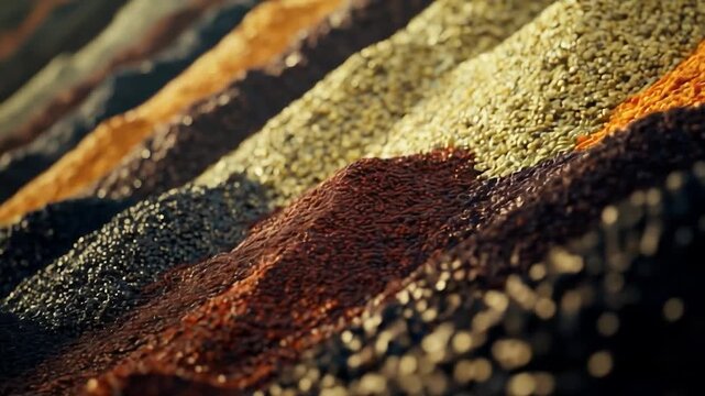 Culinary Palette: Close-up of a vibrant array of culinary spices, each a burst of color and flavor, meticulously arranged.
