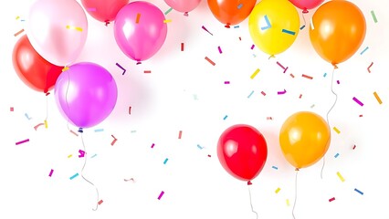 Colorful balloons and confetti float against a clean white background, creating a festive celebration atmosphere.