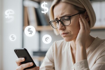Concerned woman at desk with smartphone and dollar signs