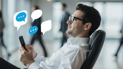 Man with glasses holding smartphone in office background