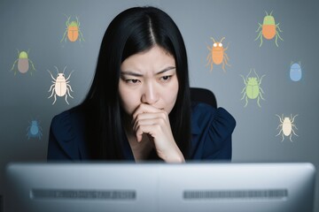 Woman staring at computer screen with bug icons and thoughtful expression