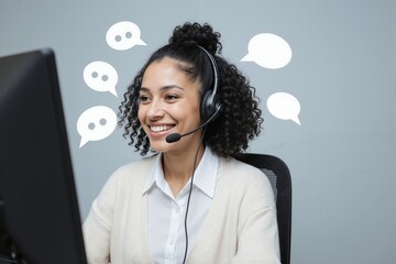 Woman at workstation with headset and speech bubbles
