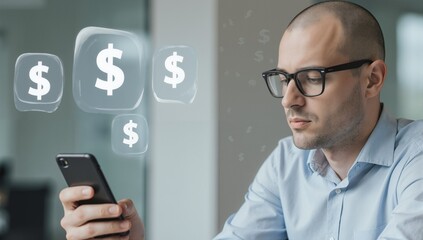 Man in modern office with smartphone and dollar signs