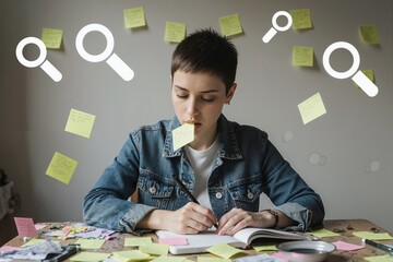 Woman at cluttered desk with magnifying glass icons researching