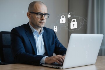 Man in dark blue suit working on laptop with security icons