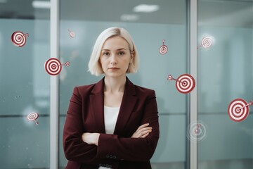 Woman in red blazer stands confidently in front of glass wall with target icons