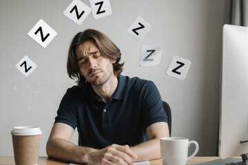 Tired office worker surrounded by empty coffee cups