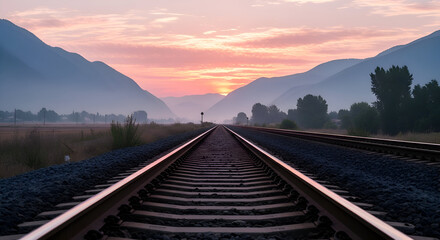 Fototapeta premium Railroad Tracks Leading to a Sunset with Mountains and a Peaceful Landscape Scene