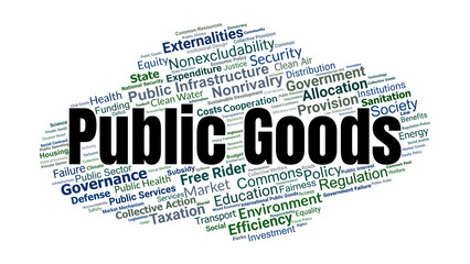 Public Goods Word Cloud. Key Terms On Nonrivalry, Nonexcludability, Market Failure, Collective Resources, Governance, And Social Welfare In Economic Theory.