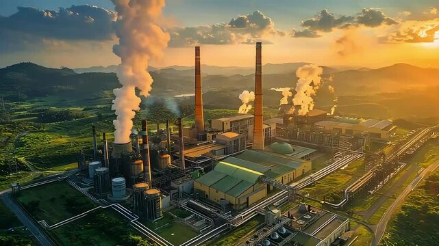 Aerial view industrial complex sunset footage