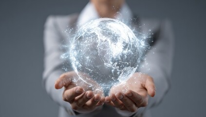 A person holds a holographic representation of Earth