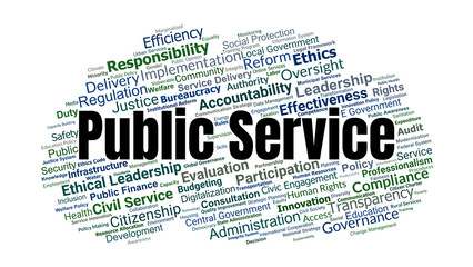 Public Service Word Cloud. Key Concepts On Governance, Policy, Accountability, Rights, Equity, Leadership, And Citizen Engagement In Public Administration.