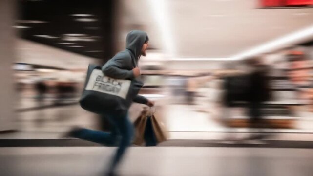 Black Friday sale. Excited young man in a hoodie running fast with shopping bags through a store. Consumerism and holiday shopping frenzy concept.