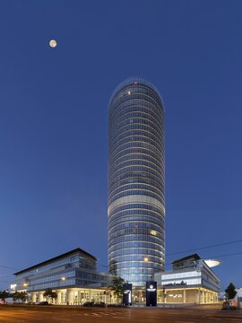 Night shot, building complex, illuminated, Business Tower Nuremberg, BTN, height 135m, N&uuml;rnberger Versicherung, full moon, Ostendstr. 100, district Tullnau, Nuremberg, Middle Franconia, Franconia, Bavaria, Germany