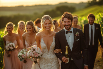 Bride and groom walking through vineyard.