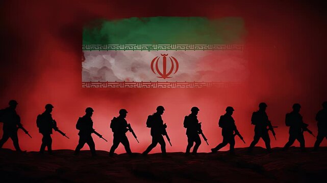 Silhouetted Soldiers Marching with Iran Flag