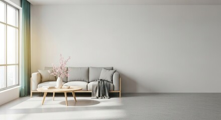 Modern Minimalist Living Room Design with Neutral Colors, Cozy Sofa, Coffee Table, Natural Light, and Simple Decorative Elements