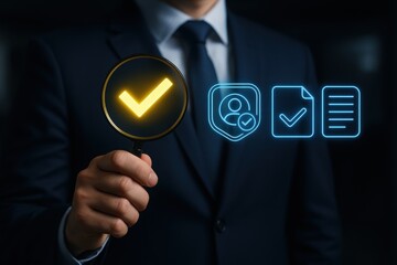 Compliance Assurance: An authoritative figure, meticulously examines vital documents. Embodying trust and reliability, emphasizing attention to detail and strict adherence to regulation.