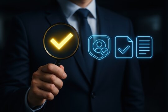 Compliance Assurance: An authoritative figure, meticulously examines vital documents. Embodying trust and reliability, emphasizing attention to detail and strict adherence to regulation.