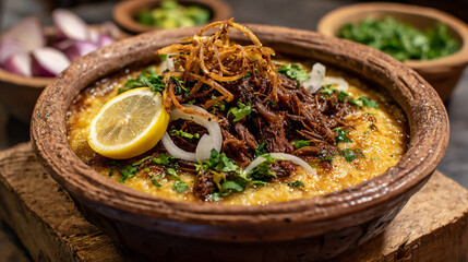 Haleem recipe delicious traditional haleem dish with meat and lentils garnished with lemon and onion rings