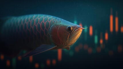 Symbolic fish swimming through dynamic stock market with orange and blue candlestick charts background, conveying financial investment concepts in high-definition wide-angle perspective featuring stro